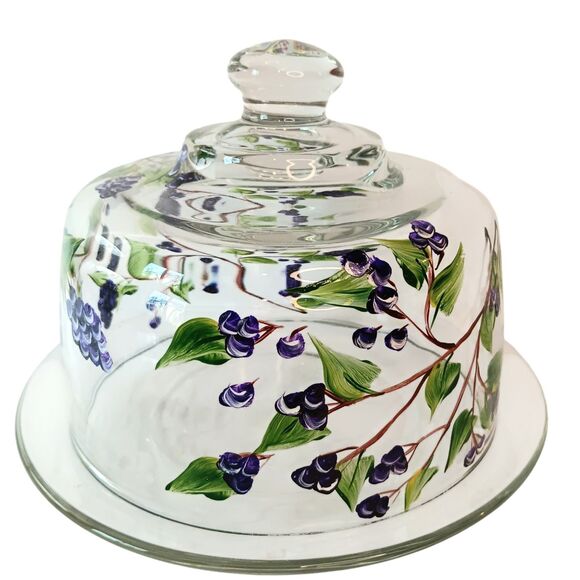 Glass Cheese Pastry Dome Handpainted Blueberry Floral Design With Glass Plate - Picture 2 of 13